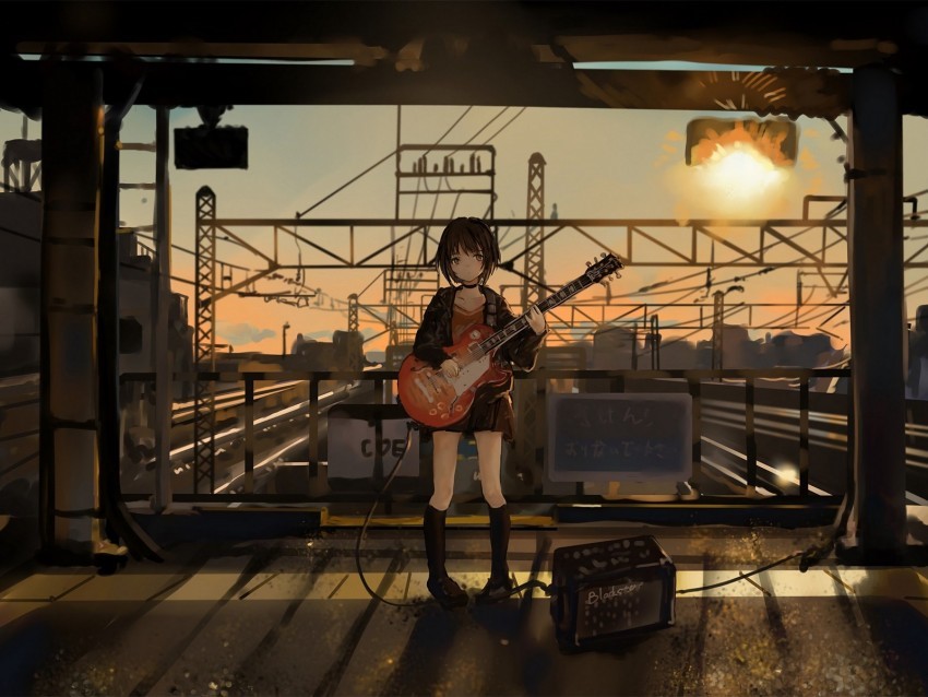 girl guitar anime musician electric guitar art Isolated Character in Clear Transparent PNG 4k wallpaper