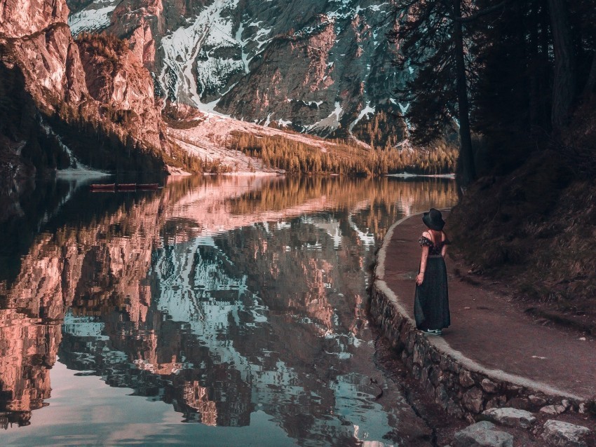 girl mountains lake trees reflection landscape Isolated Character with Transparent Background PNG