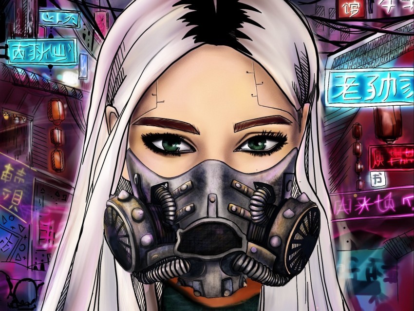 girl respirator cyberpunk mask art PNG transparent elements package
