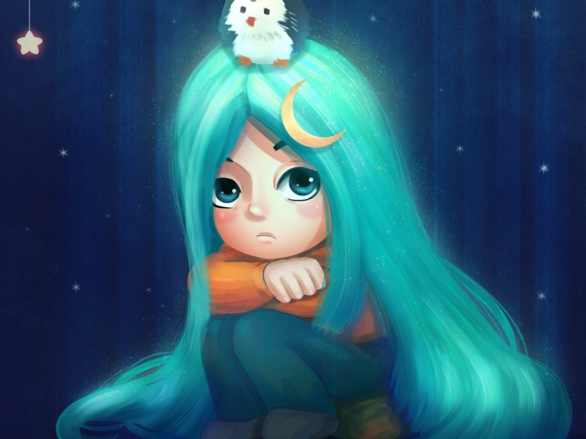 girl sadness art bird stars PNG files with alpha channel assortment 4k wallpaper