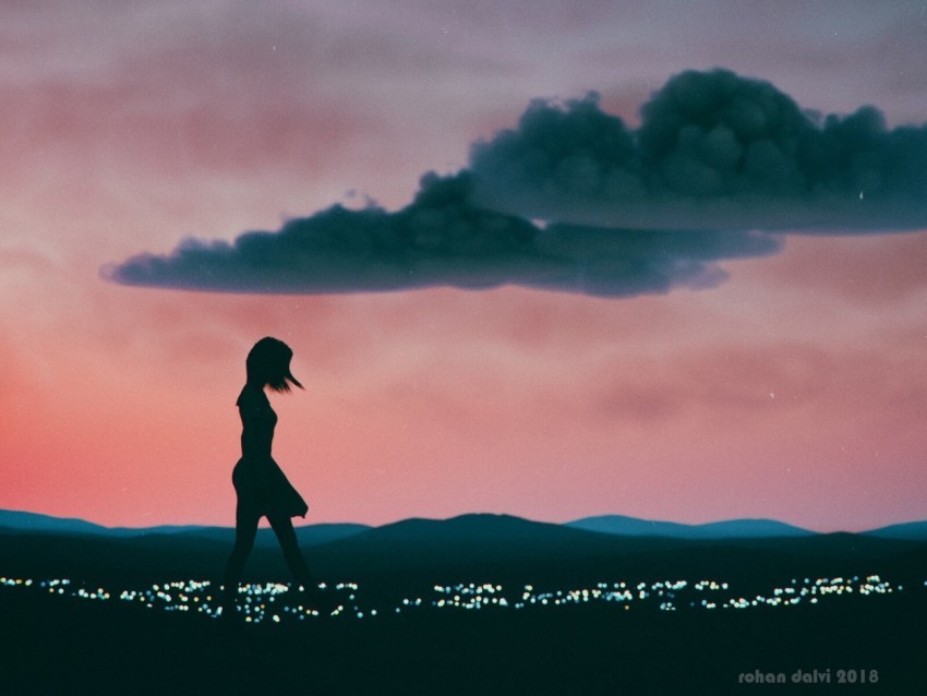 girl silhouette art night clouds horizon PNG Image Isolated with Clear Transparency