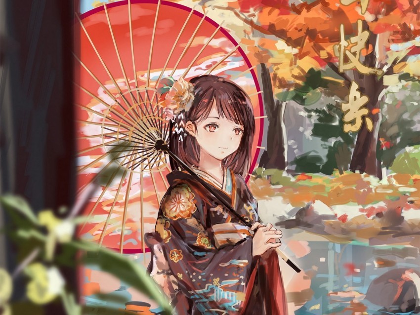girl umbrella anime kimono garden autumn Isolated Graphic Element in Transparent PNG