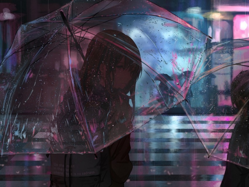 girl umbrella anime rain street night High-quality PNG images with transparency 4k wallpaper