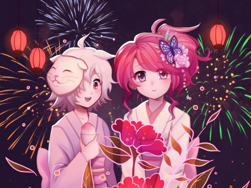 girls flowers fireworks anime art Transparent PNG graphics variety 4k wallpaper