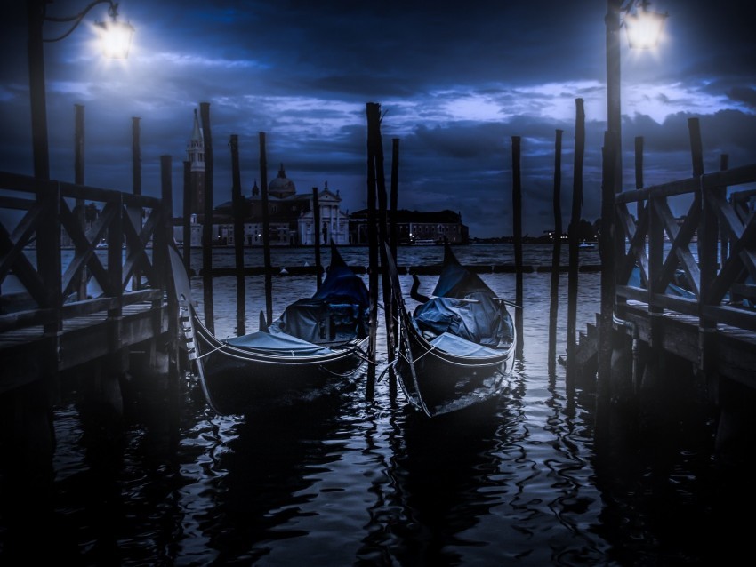 gondola boats night pier PNG Image with Transparent Isolated Graphic 4k wallpaper