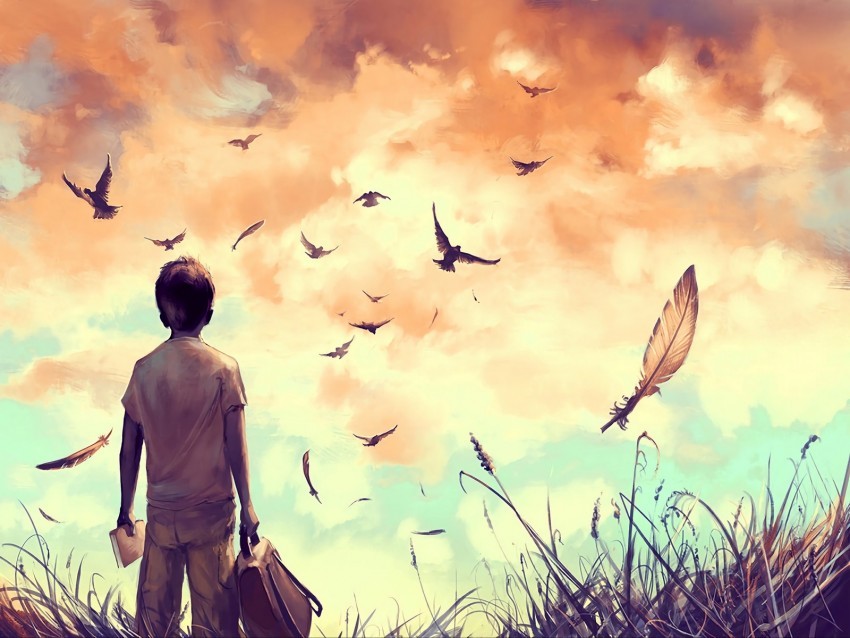 guy birds art loneliness solitude PNG for blog use 4k wallpaper