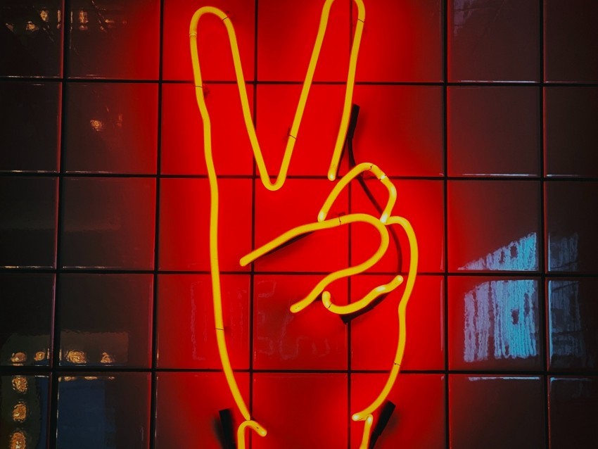 hand gesture peace neon sign glow Isolated Subject in Clear Transparent PNG