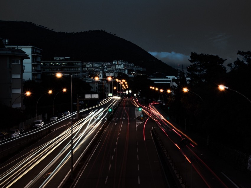 highway city night long exposure lights traffic Clear image PNG 4k wallpaper