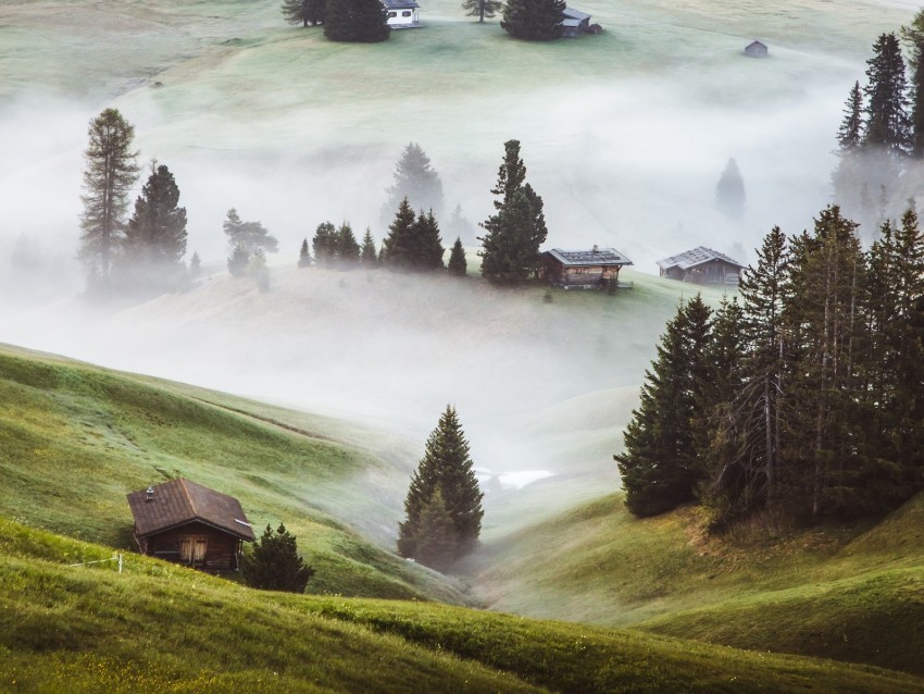 hills fog trees buildings slope PNG with no registration needed 4k wallpaper