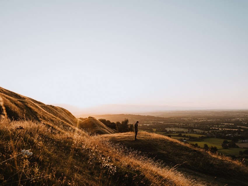 hills man silhouette sunset landscape PNG for social media