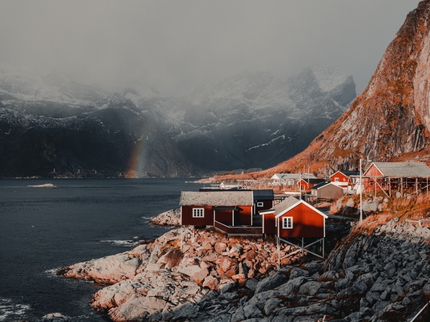 houses mountains fog rainbow lofoten norway PNG images no background