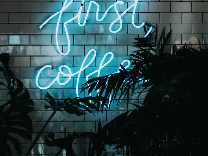 inscription neon wall lights leaves plants PNG images for printing 4k wallpaper