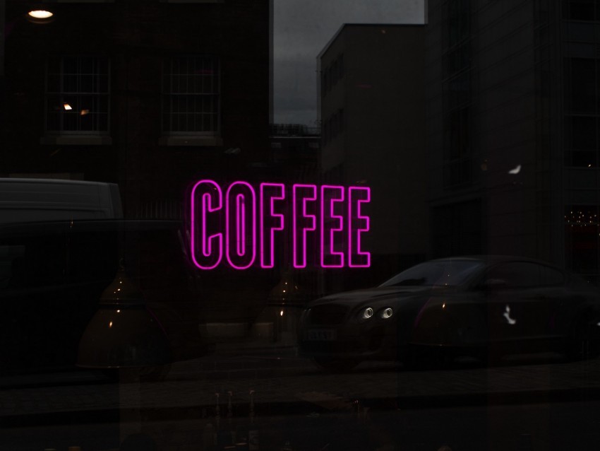 inscription sign neon showcase glass reflection coffee Isolated Graphic Element in HighResolution PNG
