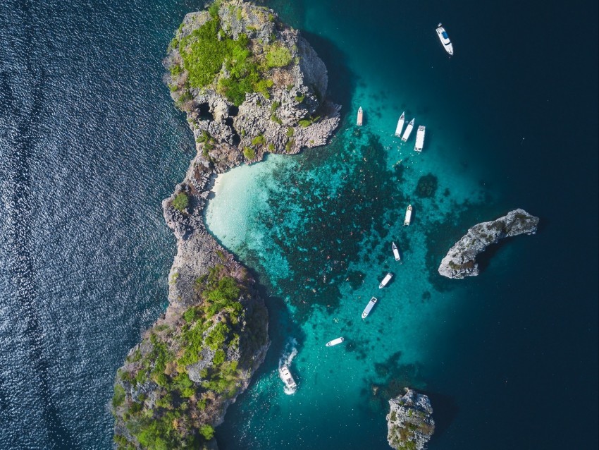 island ocean aerial view boats water PNG images without BG