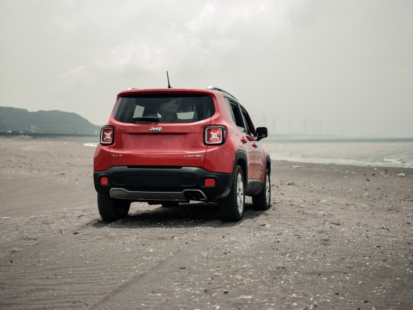 jeep renegade jeep suv red rear view beach off-road Isolated Item on Transparent PNG