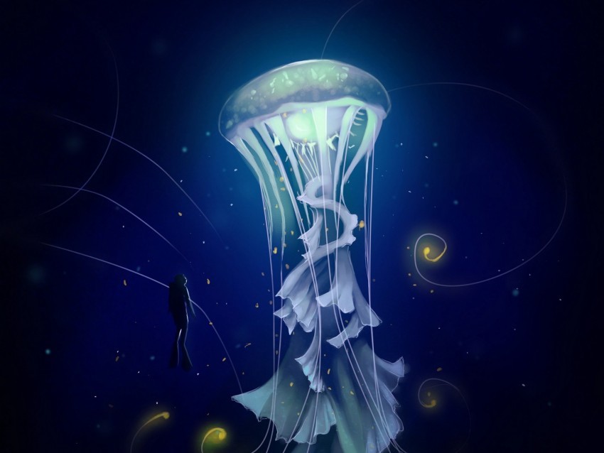 jellyfish diver art sea depth PNG images with high-quality resolution 4k wallpaper