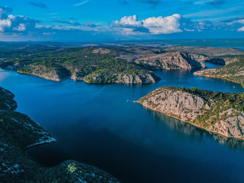 lake aerial view islands sky clouds landscape PNG format 4k wallpaper