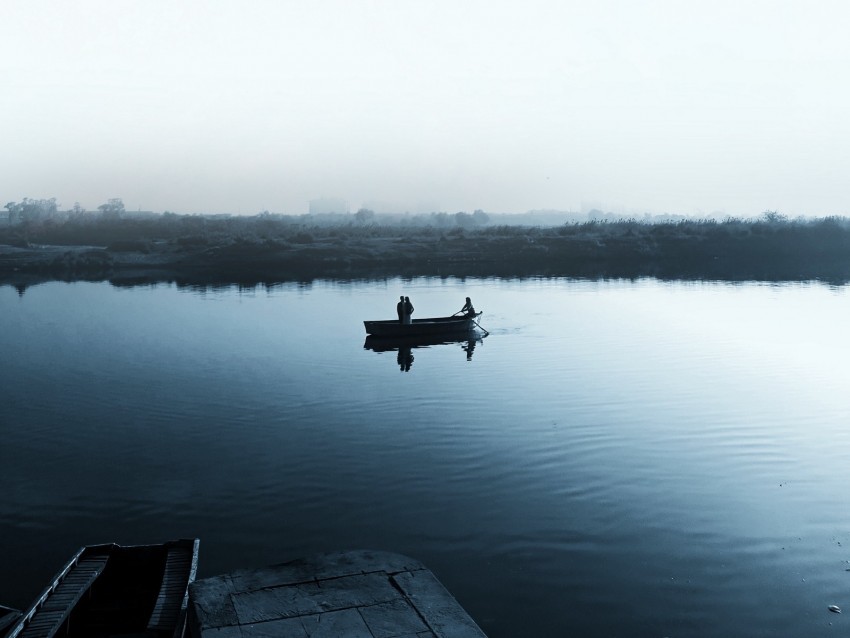 lake boat fog shore sail cloudless Isolated Graphic on Transparent PNG