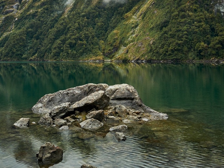lake fog rocks mountain stone new zealand PNG with no registration needed 4k wallpaper
