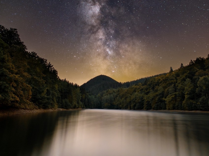 lake mountain trees starry sky milky way HD transparent PNG