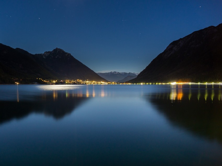 lake mountains city lights night reflection Isolated Item on HighQuality PNG