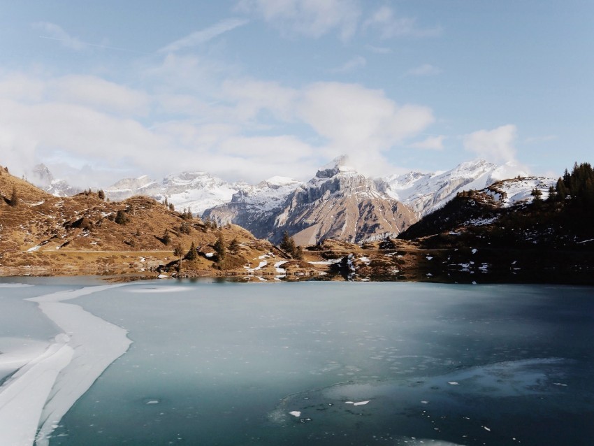 lake mountains ice frozen landscape Transparent Background PNG Isolation