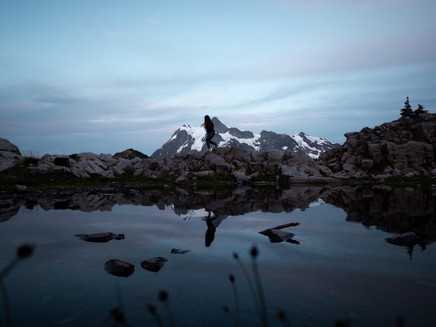 lake mountains silhouette stones shore Isolated Subject on Clear Background PNG