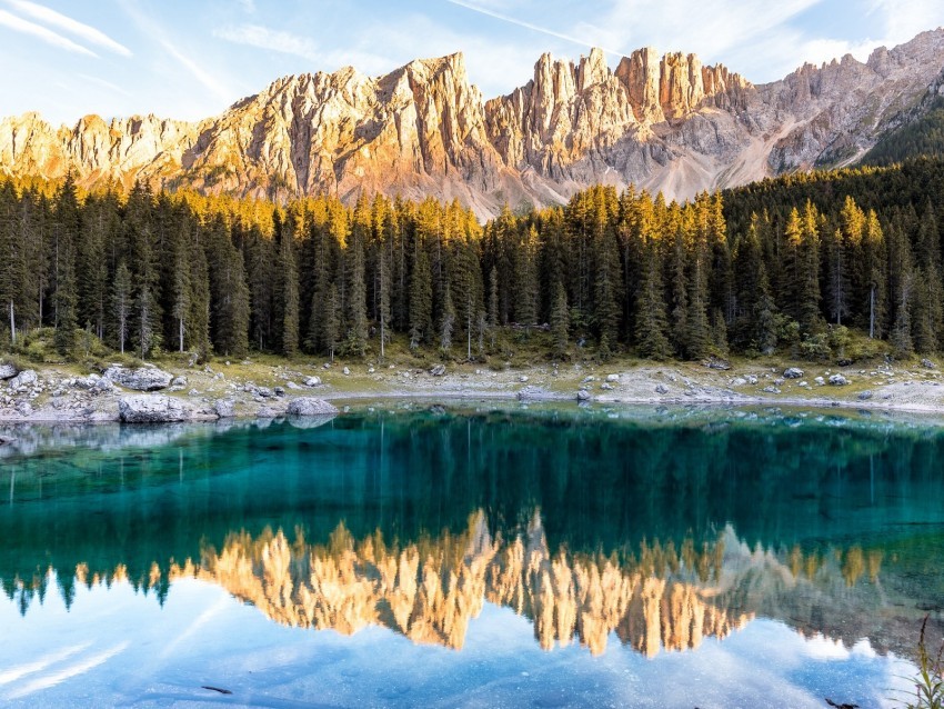 lake mountains trees reflection landscape italy Transparent Background PNG Isolated Art