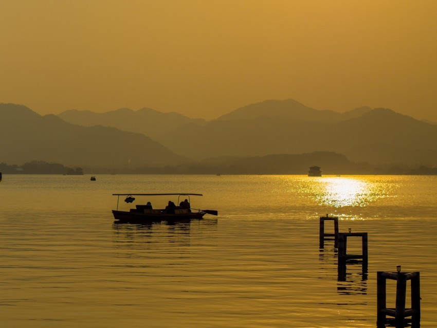 lake sunset boat horizon Isolated Element with Transparent PNG Background
