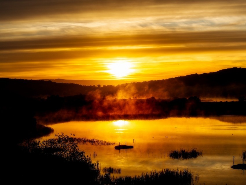 lake sunset fog twilight landscape Clear PNG image