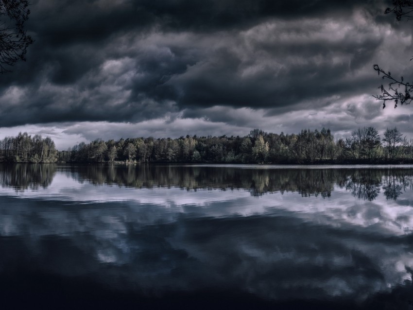 lake trees horizon reflection clouds dark overcast PNG images for printing