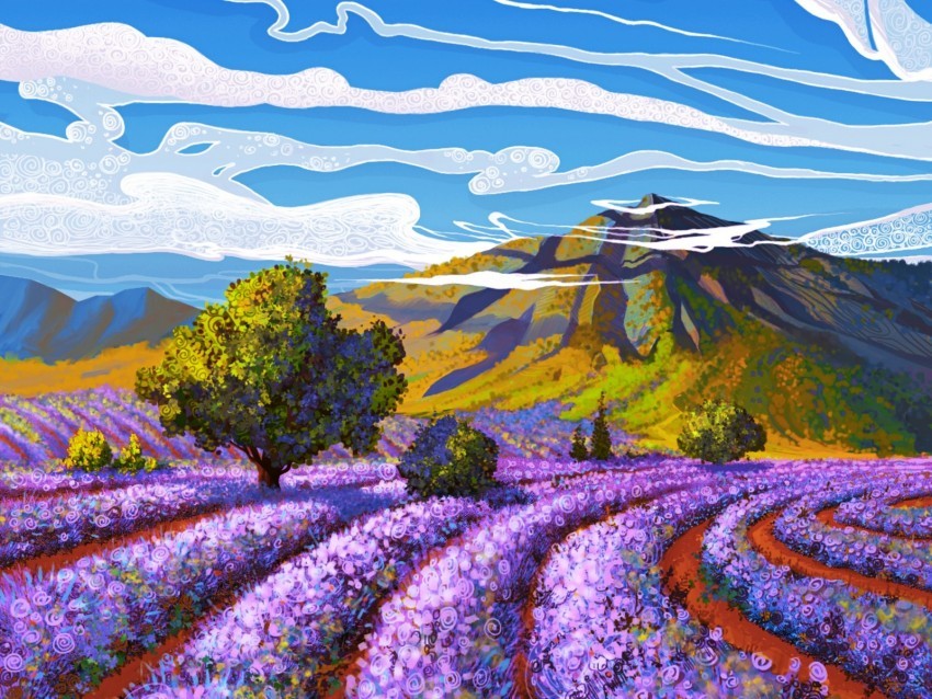lavender field mountain landscape art Transparent PNG Isolated Element with Clarity