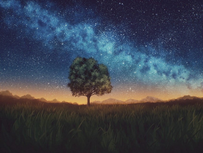 lawn tree night starry sky dark PNG Graphic with Transparent Background Isolation