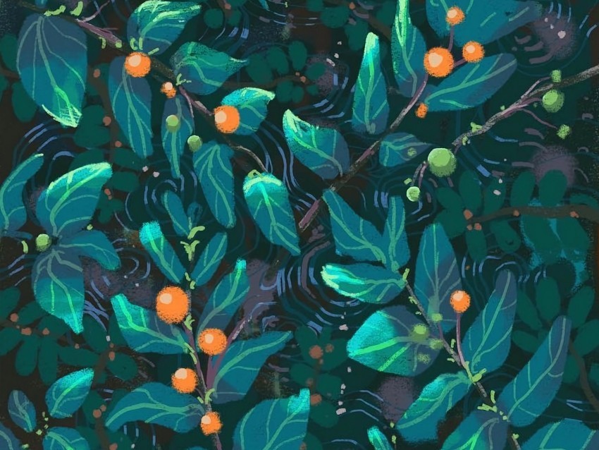 leaves art patterns berries paint green PNG Image with Isolated Subject