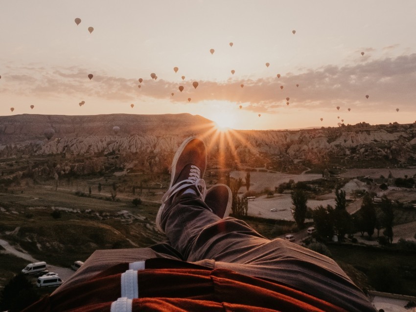 legs landscape sunset air balloons mountains rest Isolated Artwork on Transparent PNG