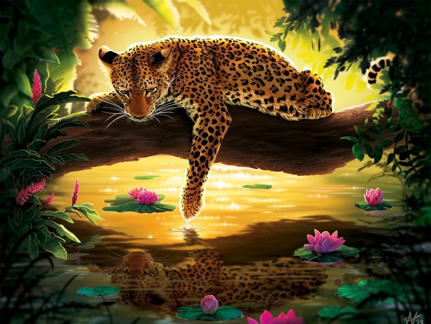 leopard water art tree water lilies Isolated Subject in Transparent PNG Format