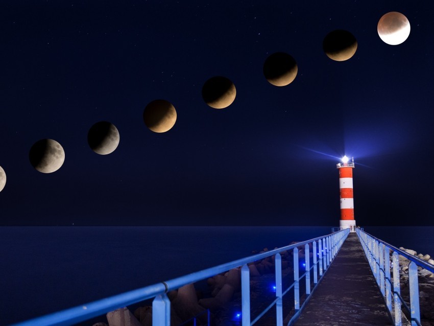 lighthouse eclipse moon night pier Isolated Icon on Transparent Background PNG 4k wallpaper
