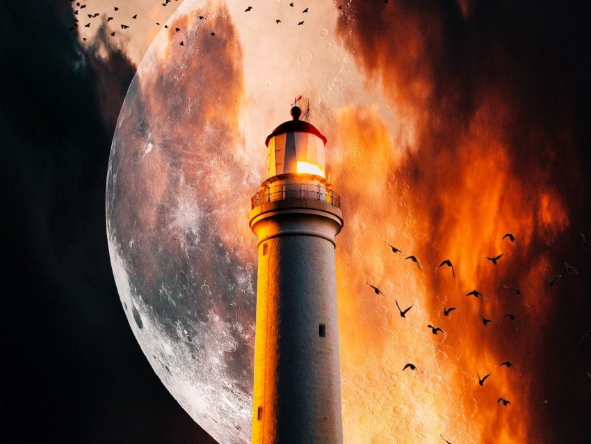 lighthouse moon flame smoke birds night Isolated Object on HighQuality Transparent PNG
