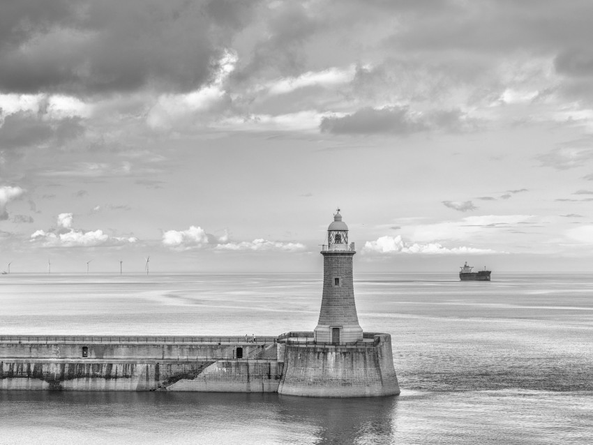 lighthouse sea bw horizon sky clouds Isolated Character in Transparent Background PNG