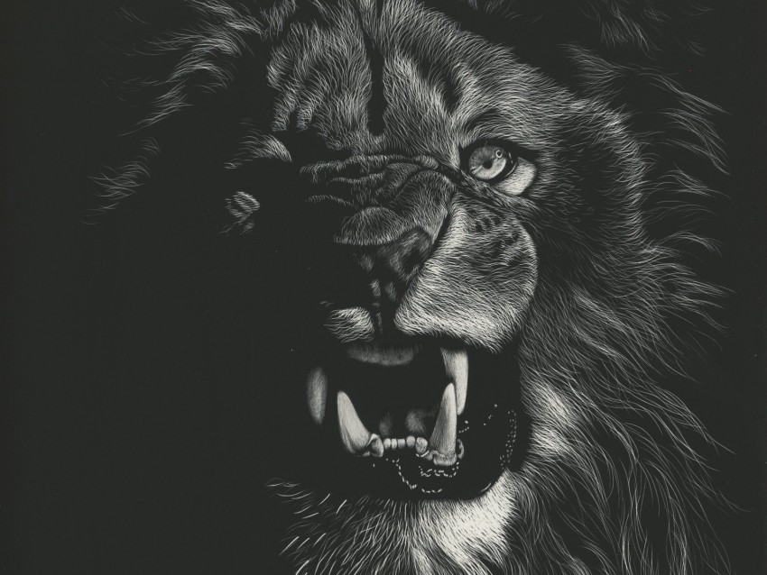 lion grin art bw drawing PNG with no cost