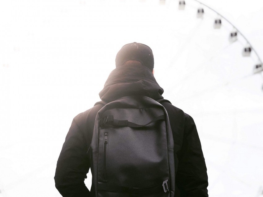 man backpack black jacket style PNG artwork with transparency