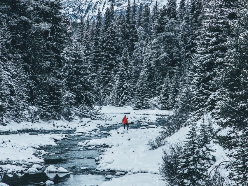 man winter river snow trees Isolated Item on HighQuality PNG 4k wallpaper