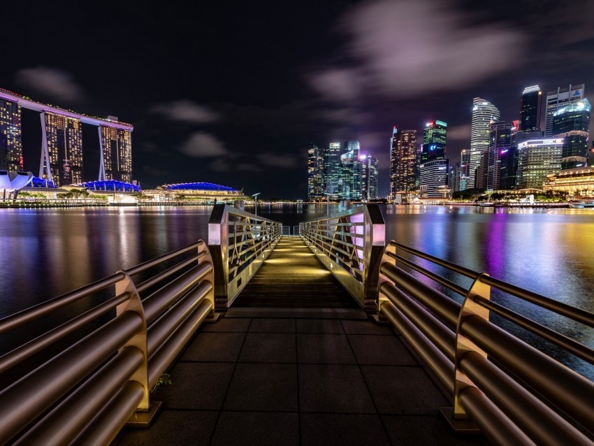 marina night city jetty city lights singapore PNG images with no royalties 4k wallpaper