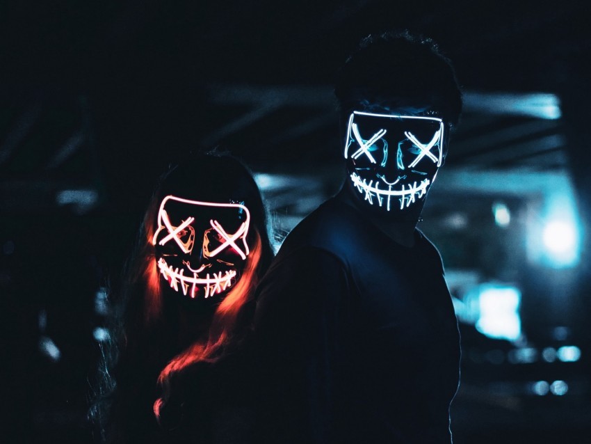 masks pair dark neon glow PNG with no background free download 4k wallpaper