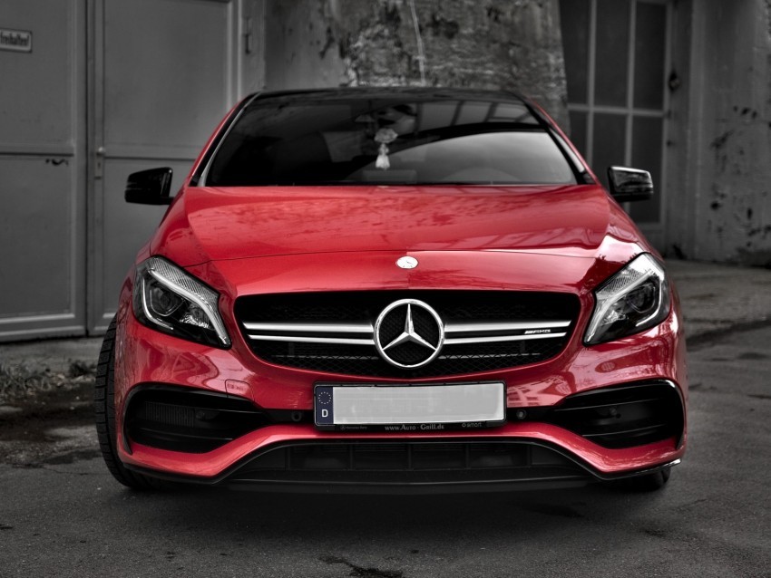 mercedes car red front view building gray Isolated Character on HighResolution PNG