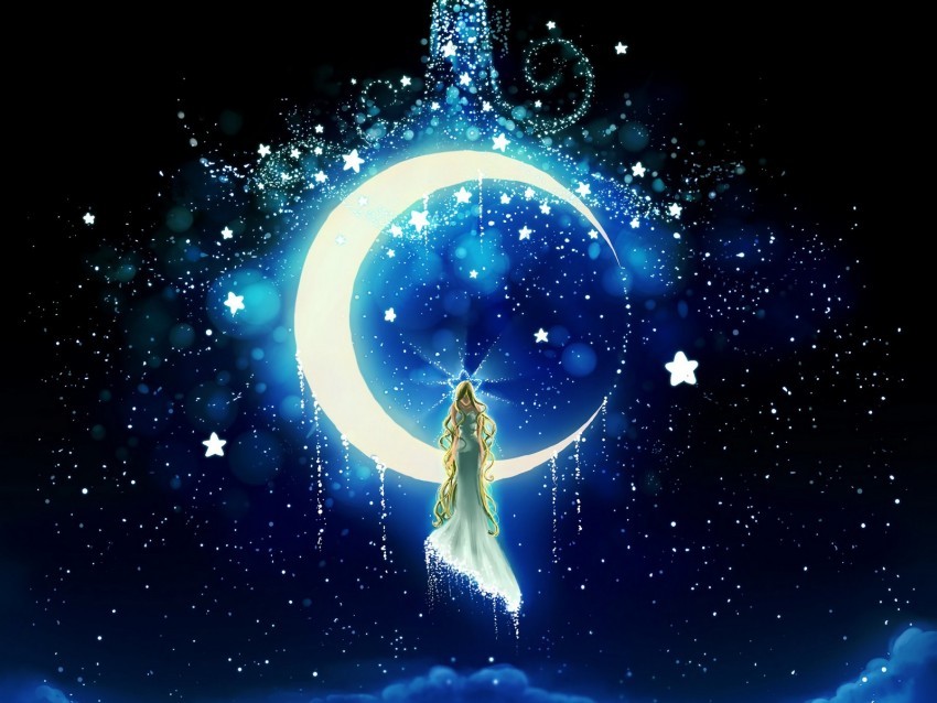 moon stars girl night art Isolated Design Element on PNG 4k wallpaper