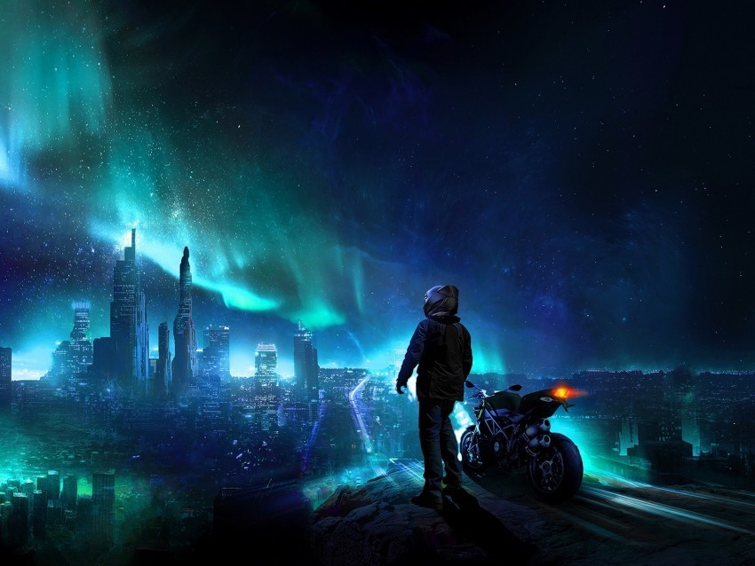 motorcyclist night starry sky art PNG images for graphic design