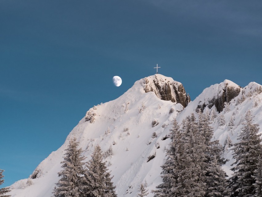 mountain peak snow trees moon cross Transparent background PNG stock 4k wallpaper