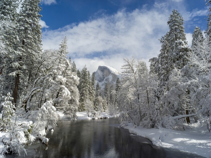 mountain river snow trees valley PNG image with no background