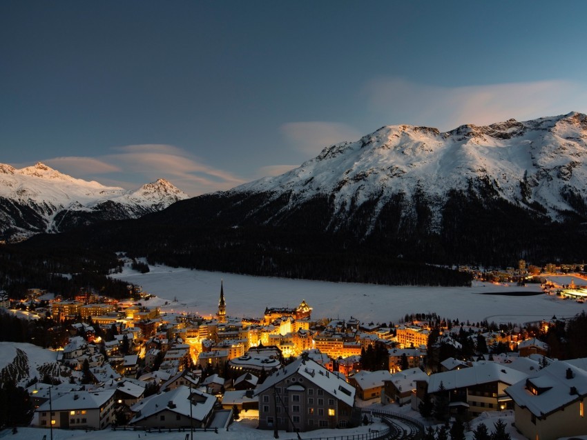 mountain winter village snow light switzerland PNG with transparent background free 4k wallpaper